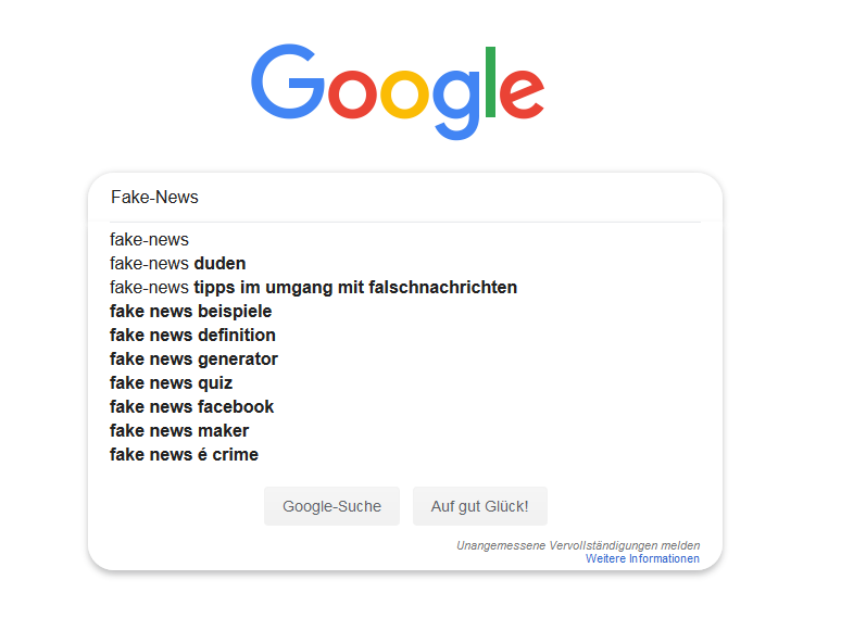 Google-Suchmaske mit dem Begriff "Fake-News" und Google-Suggest-Keywords zu diesem Begriff, die darunter angezeigt werden